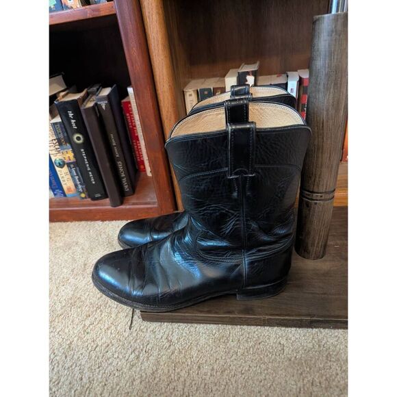 Justin Boots Mens 11.5D Roper Cowboy Western Mid Calf Black Leather Pull On main image 4